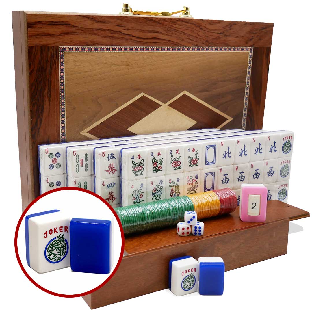 Jumbo American Blue Mah Jongg Tiles in a Wooden Box